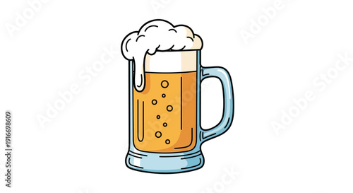 A cartoon beer mug filled with frothy beverage, viewed from the side on a clean background