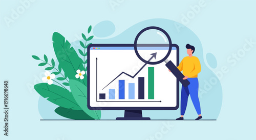 Man analyzing data on computer screen with magnifying glass.