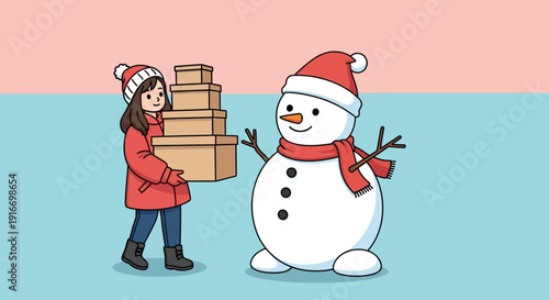 A young girl in winter attire brings gifts to a smiling snowman on a winter day outdoors