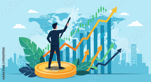 Businessman standing on coins with rising financial graph in the background.