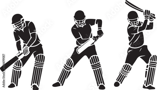 Set of batsman silhouette playing cricket on the field. Black and white