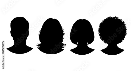 Silhouettes of four individuals with distinct hairstyles standing in a row