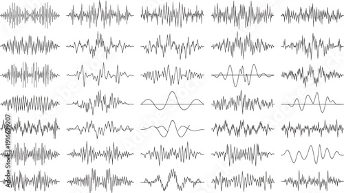Audio Waveform Sound Visualization Vector Set, Abstract Music Frequency Signal Lines for Recording, Podcast and Digital Media Design.