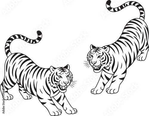 Set of big tigers. Collection of portraits of predatory wild cats. Set of wildlife and fauna dwellers. Vector illustration on a white background. Tattoo