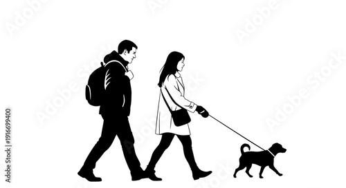 Couple walking with dog, man and woman strolling together outdoors with a pet on a leash, side view illustration