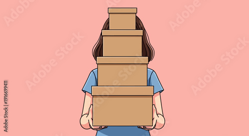 A woman carrying a large stack of boxes on her back, viewed from behind, in an illustration style.