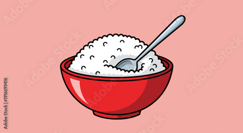 A red bowl filled with white rice and a spoon, viewed from directly above on a simple background.