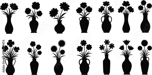 Black silhouettes of various flowering plants in vases