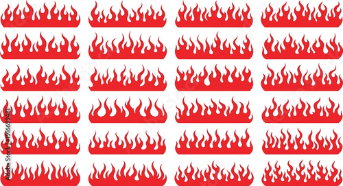 Flame fire border collection set, red burning fire shapes, hot blaze decoration elements isolated, cartoon heat flames vector illustration design pack