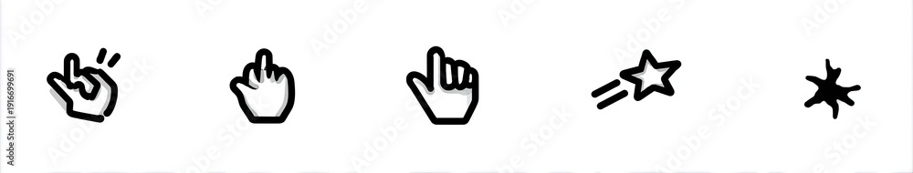 Obraz premium Five simple hand-drawn icons a hand gesture, two pointer fingers, a star, and a spiky shape