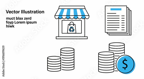 Stacks of coins and financial documents displayed near a storefront with a secure lock, symbolizing financial transactions and commerce