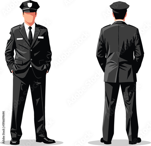 Flat illustration of a man in a dark professional security or pilot uniform with peaked cap front and back