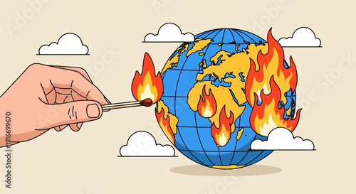 Hand holding a lit match to a burning Earth globe surrounded by clouds.