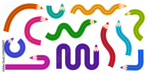 Funny wavy pencils vector set. Creative collection of colorful curved and twisted wooden pencils for art education school design and office supplies.