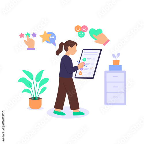 Feedback Survey, collecting employee opinions after onboarding, Flat vector character illustration