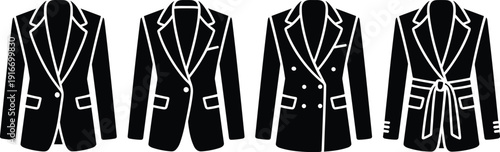 Silhouettes of blazers with single-breasted, double-breasted, and belted designs, symbolizing fashion, clothing, retail, and style