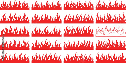 Red fire flame borders collection, burning blaze decoration elements set, hot heat cartoon flames isolated on white, vector graphic design pack