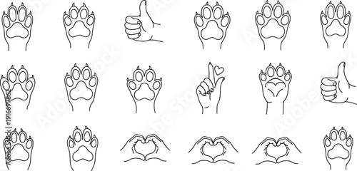 Pet Paw Print and Hand Gesture Line Icon Set, Dog and Cat Animal Outline Symbols with Heart Love Signs Vector Collection.