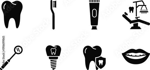 Dental Care and Stomatology Icon Collection Featuring Teeth, Oral Hygiene Tools, and Dentist Equipment Silhouettes