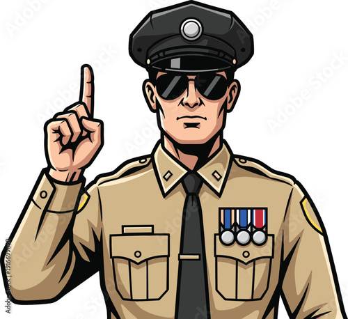 Vector illustration of a professional police officer in uniform pointing finger up for safety warning or guidance