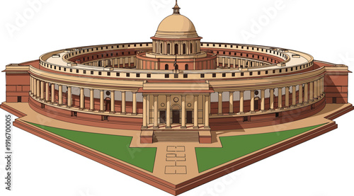 Detailed vector illustration of the Old Parliament House of India building in New Delhi featuring iconic circular architecture
