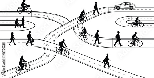 Urban Traffic Intersection Vector Illustration, Modern City Transportation Concept with Pedestrians, Cyclists, Bicycle Lanes and Car on Abstract Road Network Silhouette Design.