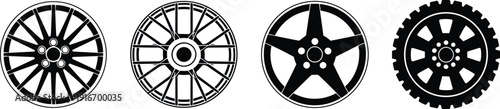 Silhouettes of car wheel rims with spoke and mesh designs, symbolizing automotive style, mechanics, engineering, and transportation