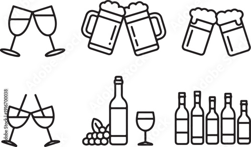 Set of wine glasses and bottles - continuous line drawing. Alcohol set. Vector illustration