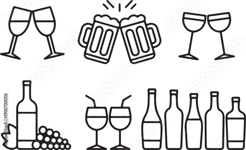 Set of wine glasses and bottles - continuous line drawing. Alcohol set. Vector illustration