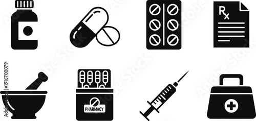 Comprehensive Pharmacy and Healthcare Icon Set Featuring Medication, Prescription, and Medical Tools in Black Silhouette Style