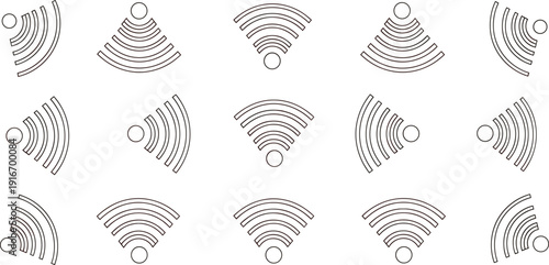 Wireless signal icons set with wifi waves and connection symbols, clean outline style technology network vector collection