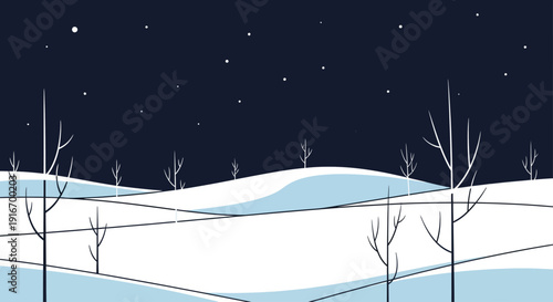 A serene winter landscape at night with snow-covered hills and bare trees under a starry sky viewed from a distance