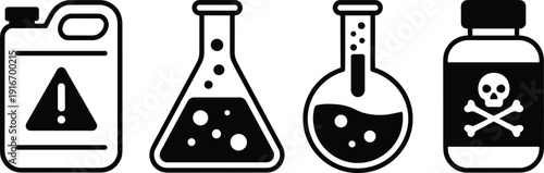 Silhouettes of chemical containers with hazard symbols, flasks, and bottles, symbolizing science, laboratory safety, and toxic substances