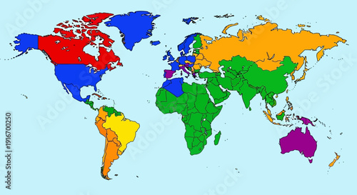 A colorful world map illustration displayed on a light blue background from a directly overhead viewpoint