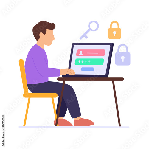 Access Accounts, providing system login credentials securely, Flat vector character illustration