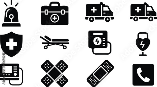 Comprehensive Emergency Medical and First Aid Vector Icons: Ambulance, Defibrillator, Stretcher, Diagnostics, and Patient Care Glyphs