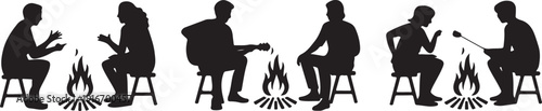 Silhouette of a group of people sitting around a campfire, sharing laughter and happiness vector silhouette