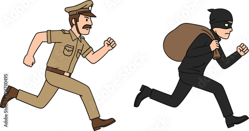 Flat illustration of a police officer in uniform chasing a masked burglar carrying a brown bag of stolen goods