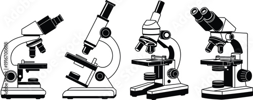 Silhouettes of compound microscopes with varied structural designs, symbolizing science, biology, laboratory research, and education