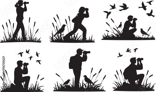 Silhouette of a person photographing wildlife , person holding binoculars while observing wetland birds vector silhouette