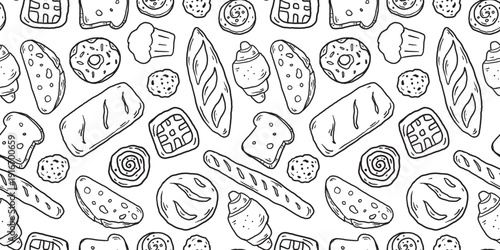 Bakery seamless pattern. Hand drawn bakery sketch in simple minimal line art style. Composition with bread and assorted pastries. Doodle vector illustration