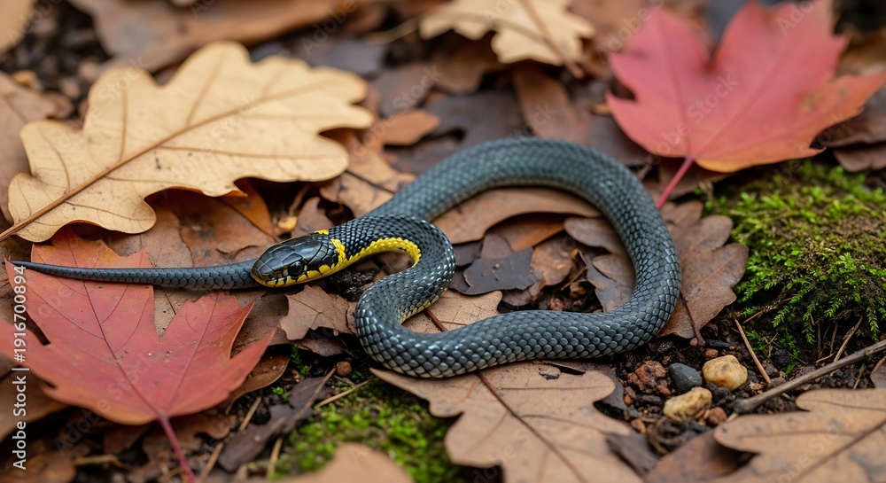 Obraz premium Ring necked snake coiled on forest floor
