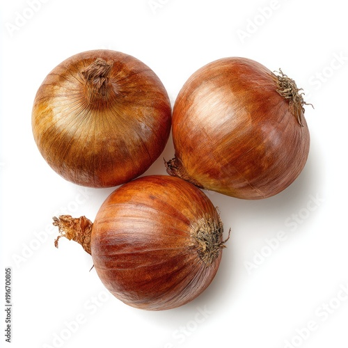 Wallpaper Mural Three brown onions, top-down view, casting shadows on a white surface Torontodigital.ca