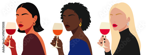 Collection of Modern Women Holding Wine Glasses – Flat Vector Illustration Lifestyle and Celebration Set