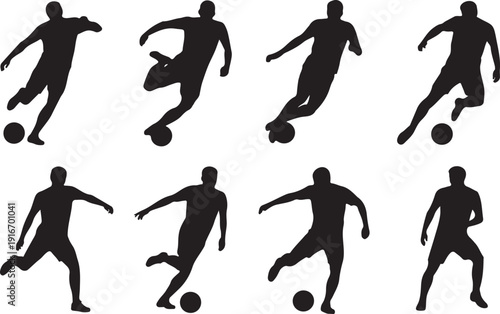 Soccer player silhouette set, black vector, football action poses, dribbling, kicking, standing, isolated illustrations, athletic movement, sports theme