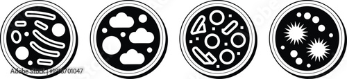 Silhouettes of petri dishes with microbial cultures, symbolizing microbiology, bacteria, fungi, science, contamination, and laboratory experiments