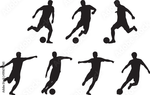 Soccer player silhouette set, black vector, football action poses, dribbling, kicking, standing, isolated illustrations, athletic movement, sports theme