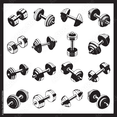 black and white dumbbells in various positions and angles