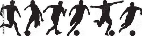 Soccer players, group of footballers. Set of isolated vector silhouettes. Ink drawing. Team sport