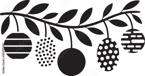 Spring branch with hanging easter eggs silhouette vector illustration isolated on transparent background